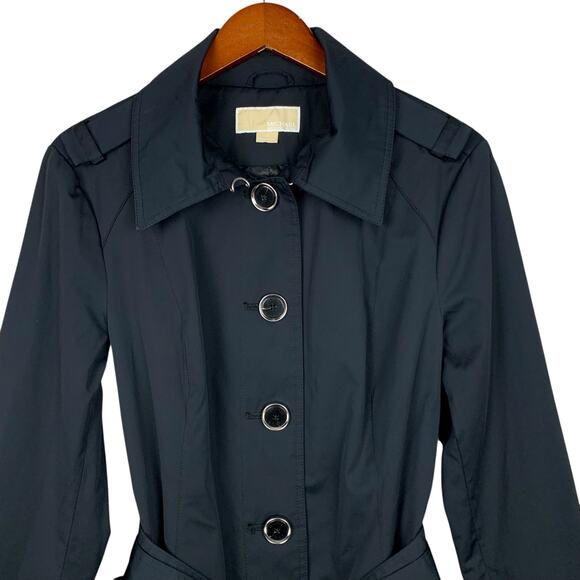 Michael Michael Kors Mid Length Trench Coat Black Belt Button Front Women's L - Picture 3 of 12
